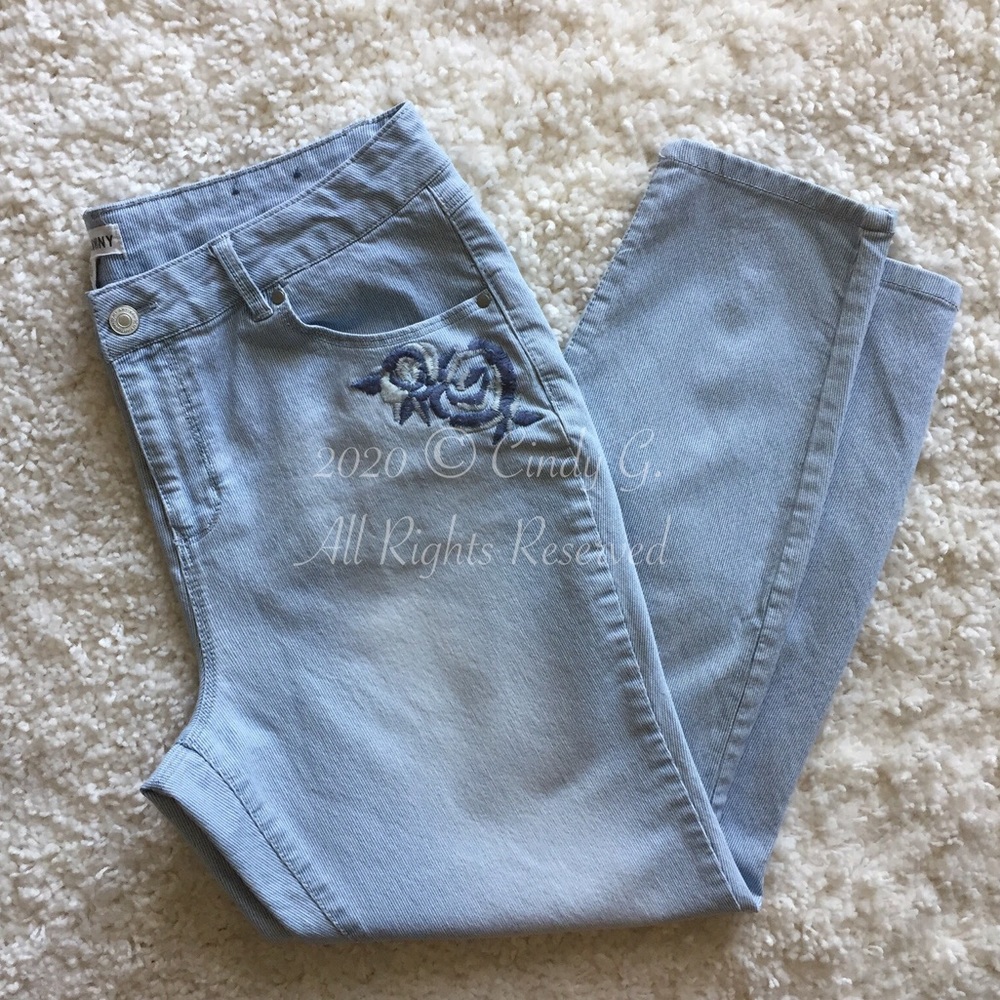 Blue Striped Floral Embroidered Jeans